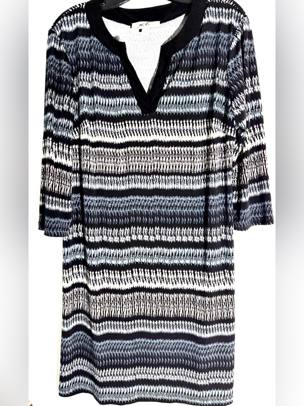 Soho Black, Gray & Cream Striped Long Sleeve V-Neck Dress